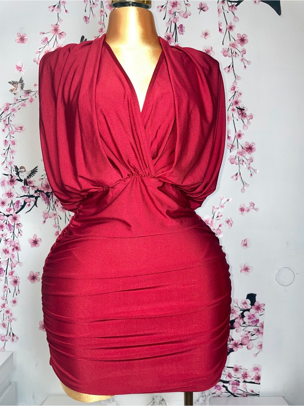 Elegant Red Ruched V-Neck Mini Dress